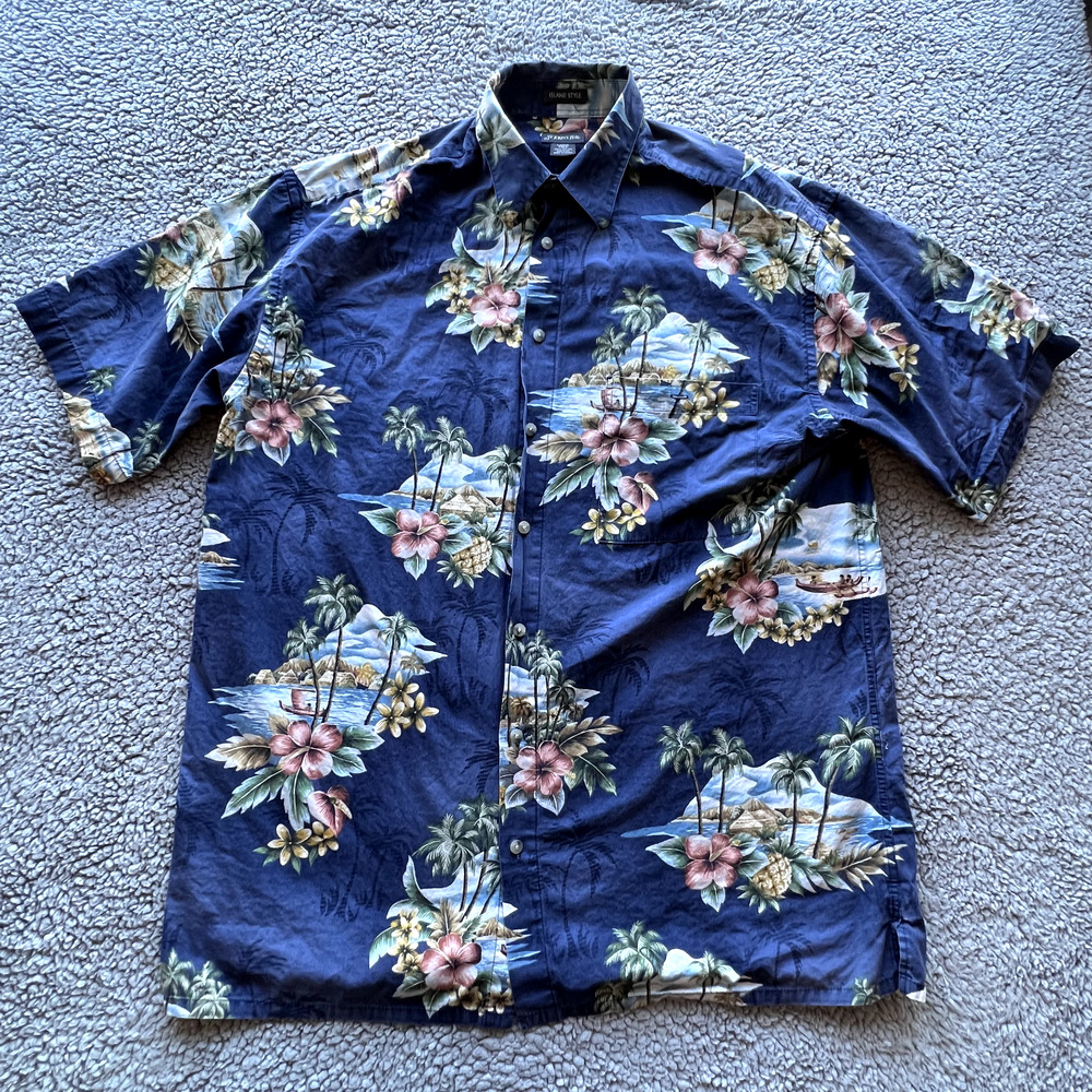 St Johns Bay Shirt Large Tall Flora Button Up Blue Short Sleeve Island Style